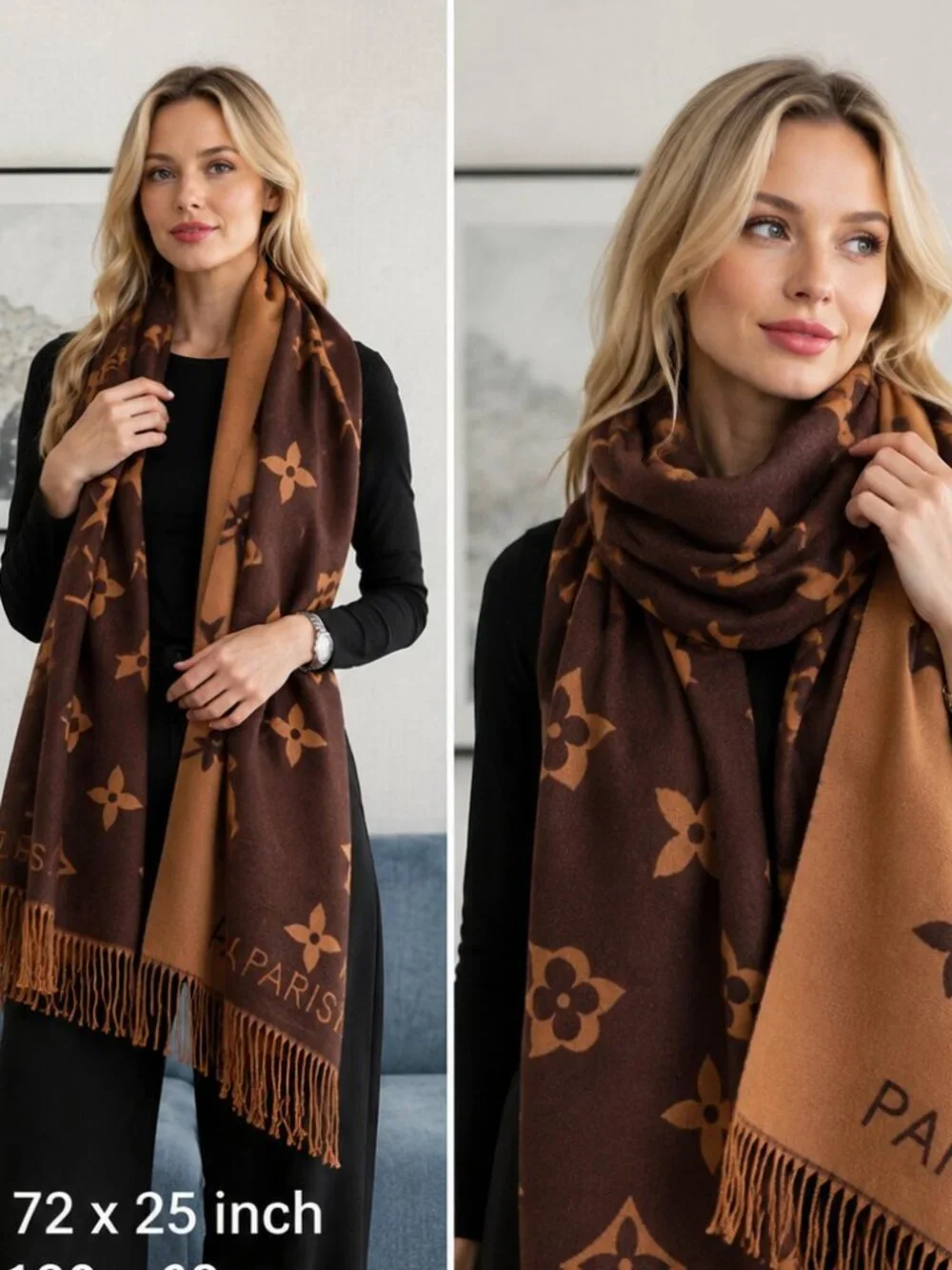 Brown Tan Reversible Monogram Oversized Scarf Shawl Wrap Fringe Luxury Style